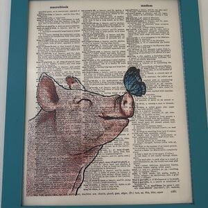 Pig and Butterfly Art Print in Teal Frame